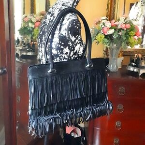 New Danier Black Leather Fringe Bag